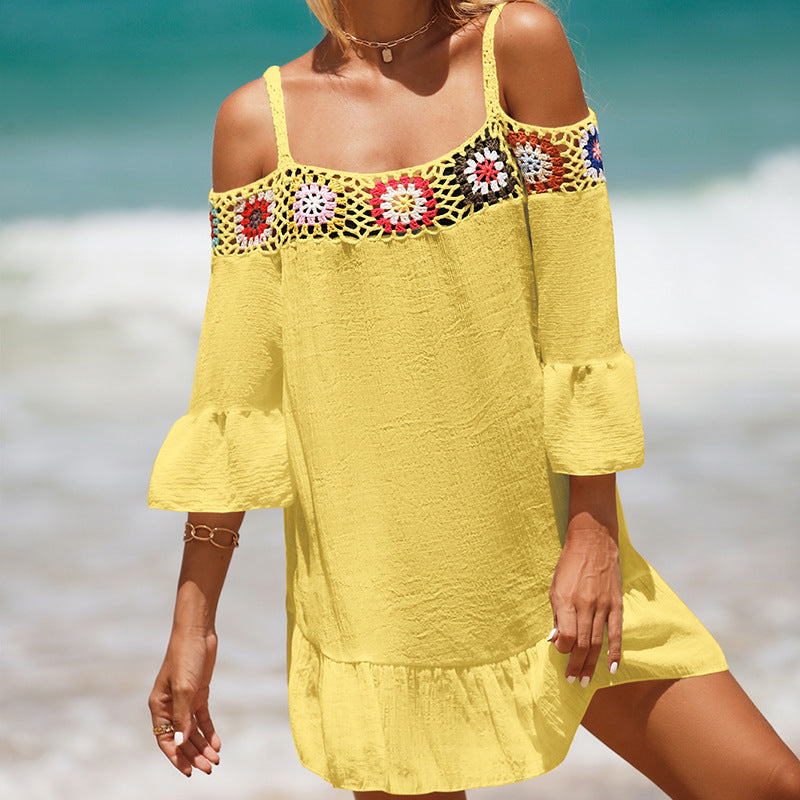 Vacation Spaghetti Straps Sun Protective Clothing Hand Crocheting Lace off-Shoulder Top Casual Short Solid-Colored Sun Protection Beach Dress